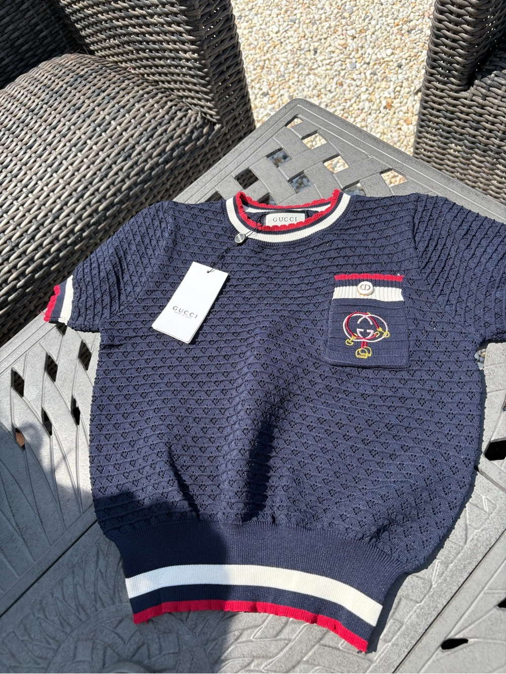 Navy Short-Sleeve Crewneck Sweater with Red & White Trim